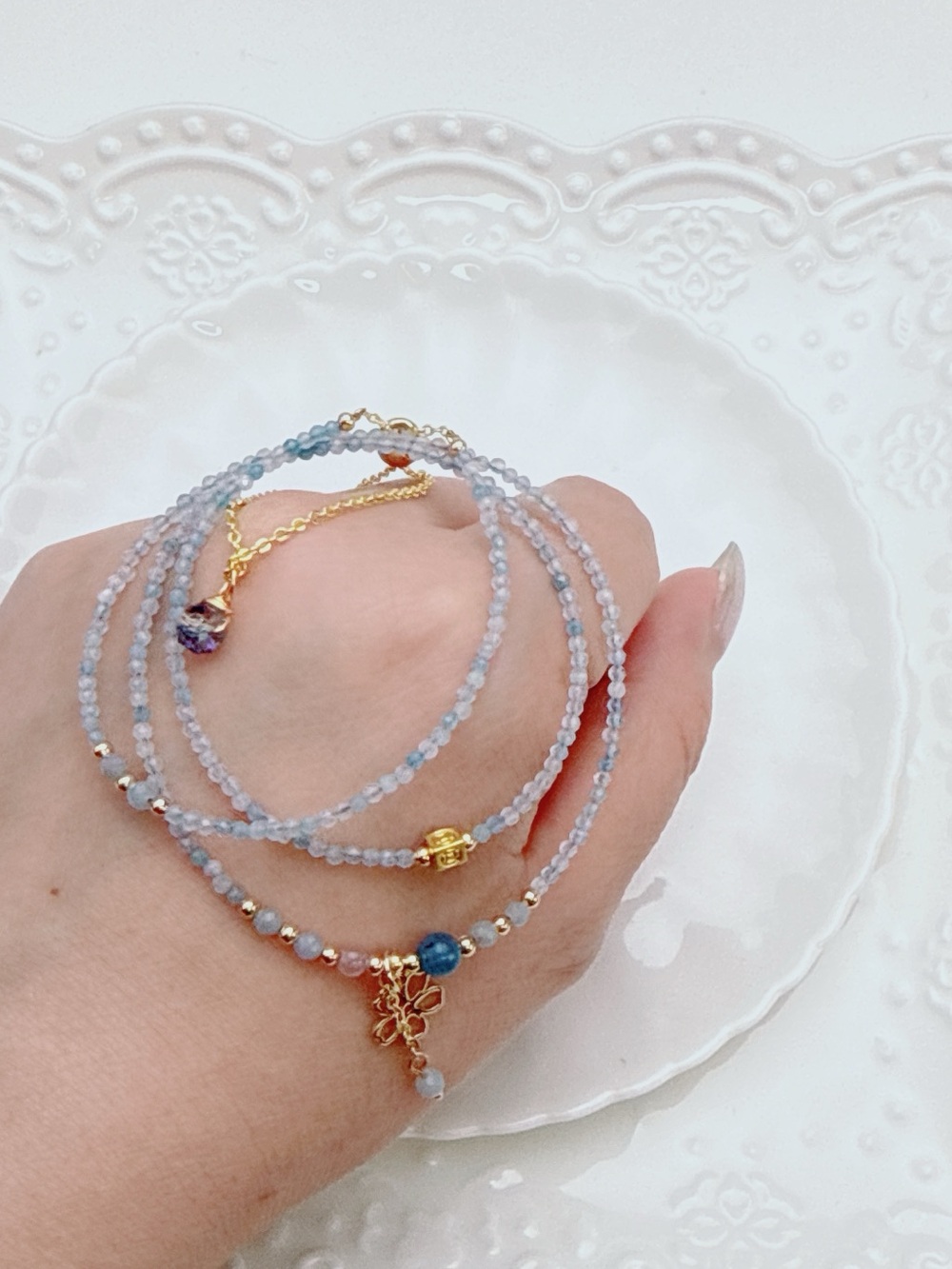 GB97 Handmade Aqua Marine Tripe Layer Bracelet Necklace 2in1 20+5” - Picture 6 of 6